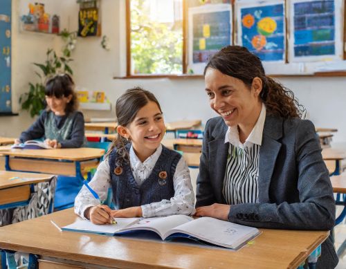 Immagine di un mentore donna e uno studente di 10 anni seduti accanto a un tavolo in un'aula luminosa di una scuola italiana