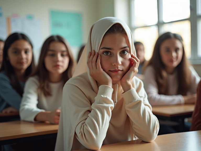 Immagine di una giovane studentessa con hijab seduta in un'aula scolastica. Indossa un velo che incornicia delicatamente il viso, un abbigliamento ordinato e neutro. Attorno a lei compagni e arredi tipici di un ambiente scolastico contemporaneo.