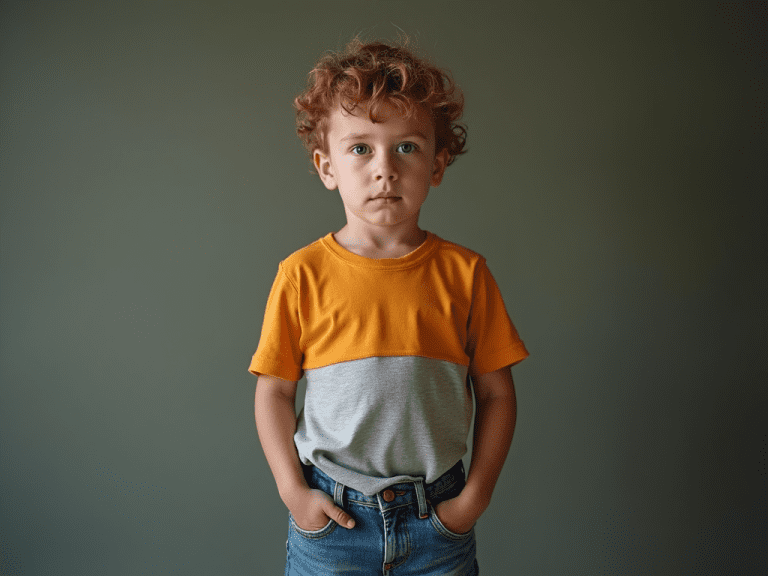 Bambino di 8 anni, timido, fa il segno dell'ok in un evento, con capelli disordinati e guance arrossate